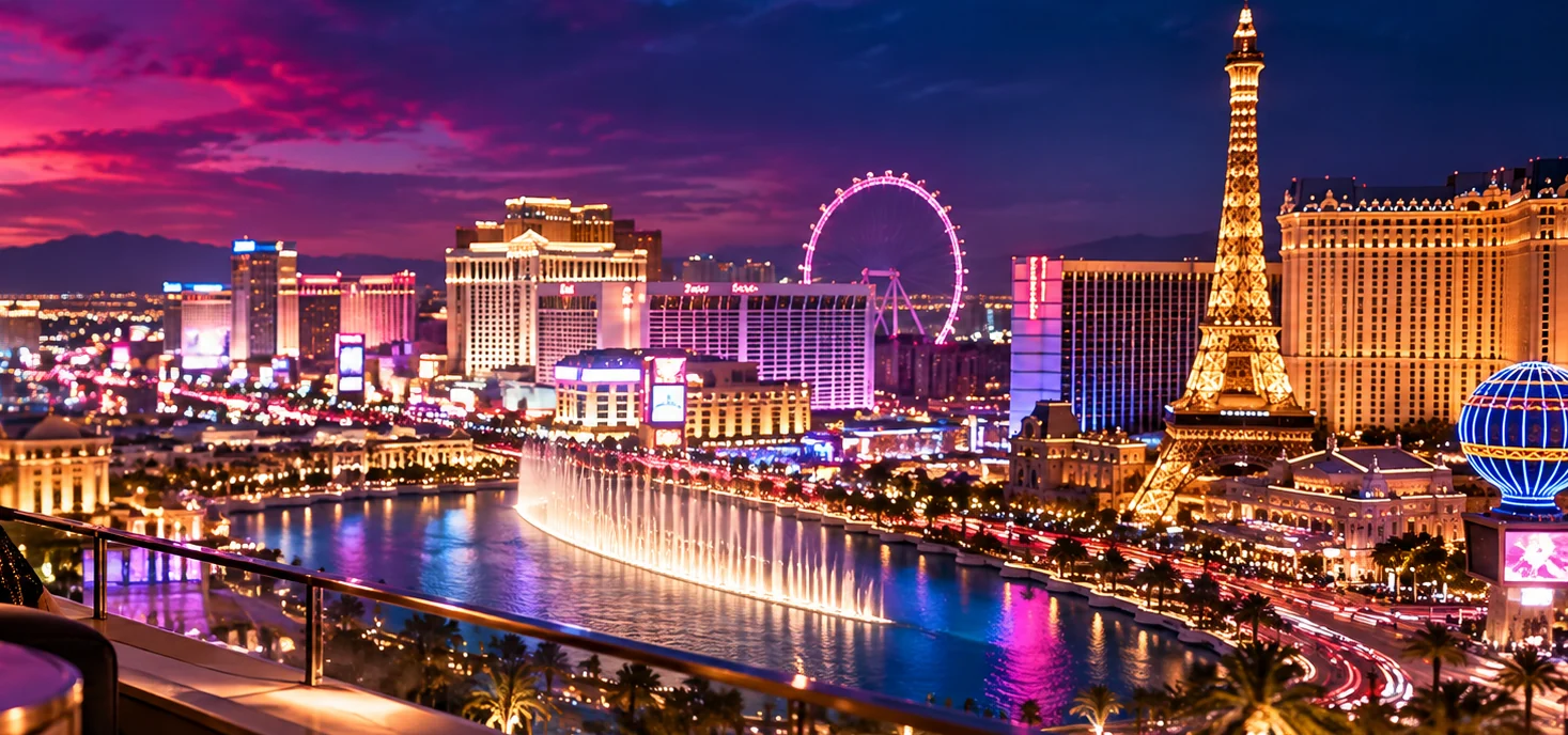 Las Vegas Strip skyline at sunset, without people